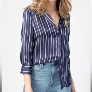 L’AGENCE Aoki Blouse in Pinstripe 100% Silk Large Navy NWT